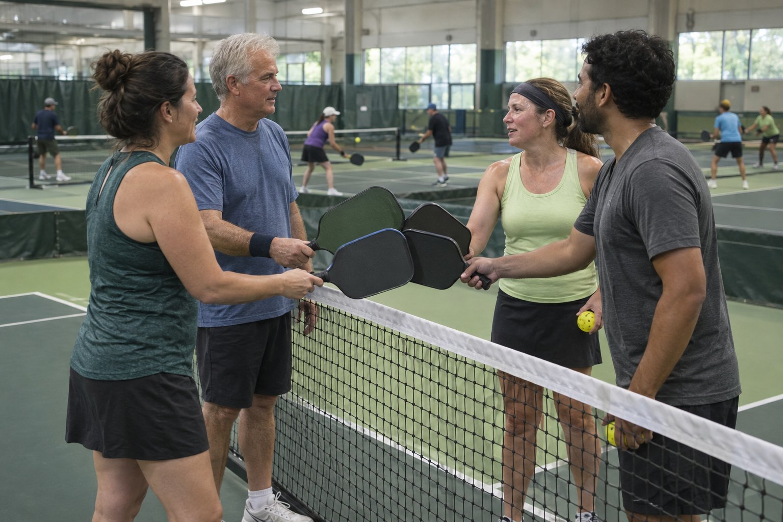 Players of different ages tap paddles together at the net after a game