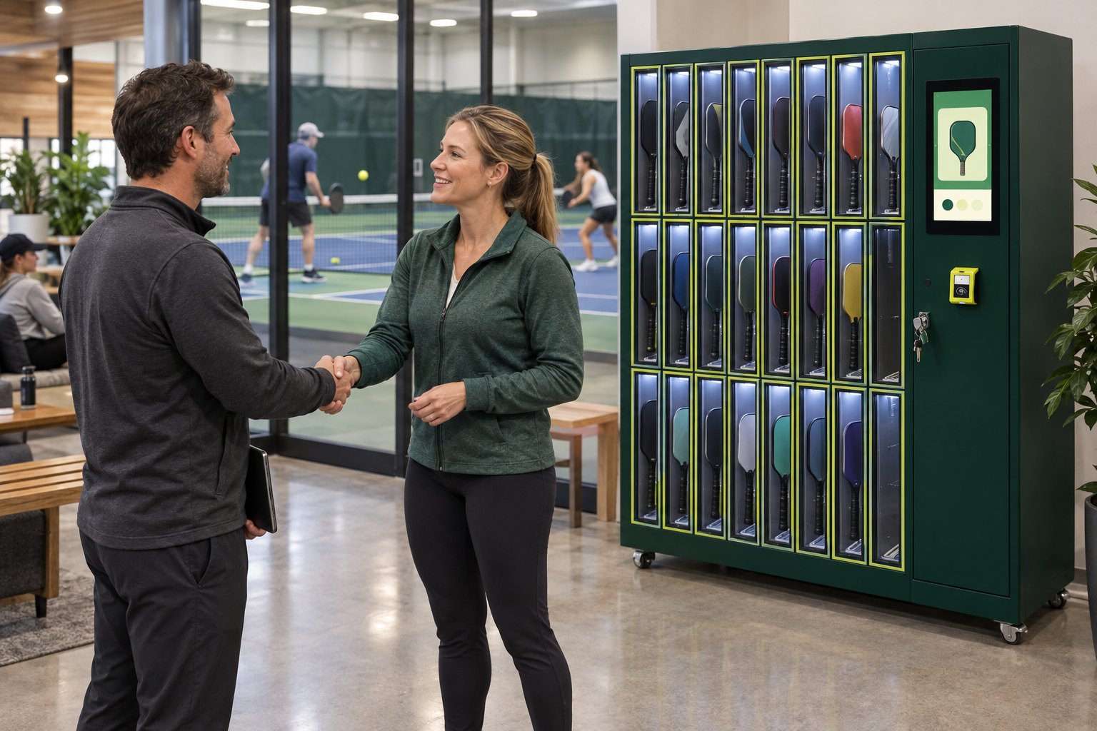 A club manager and a local business owner shake hands beside a paddle locker