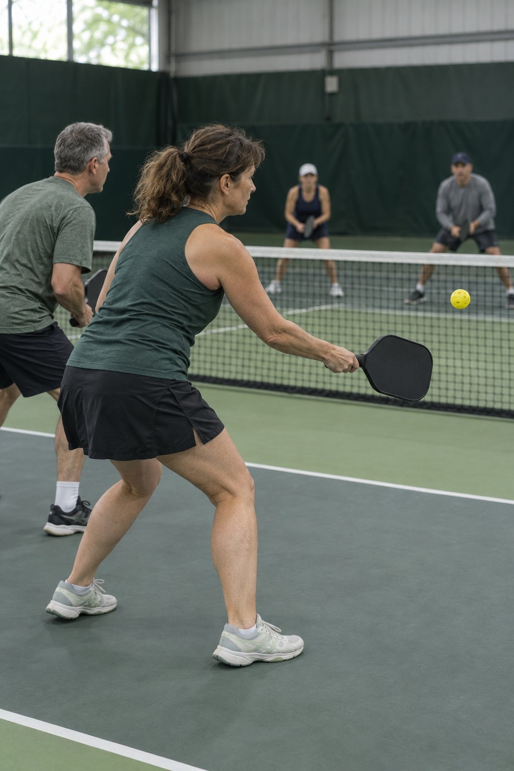 A player hits a soft dink at the kitchen line