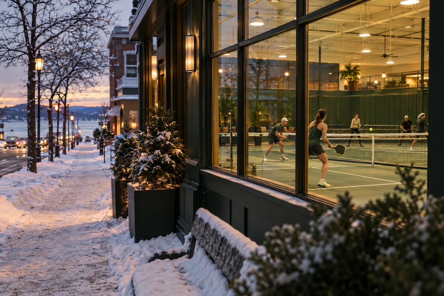 A snowy street at dusk outside a glowing indoor pickleball club